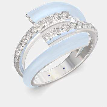 Pre Owned Light Blue Ceramic Sterling Silver Lab Grown Diamond Bypass Single Row Accented Ring US 7