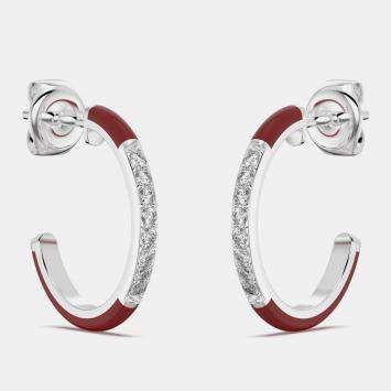 Pre Owned Bright Red ceramic Sterling Silver Lab Grown Diamonds C Hoop Earrings