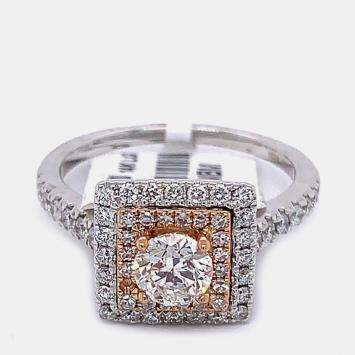Pre Owned 14K Rose gold/ White gold Round Cut Square Shaped Double Halo Ring (1.0Ctw)