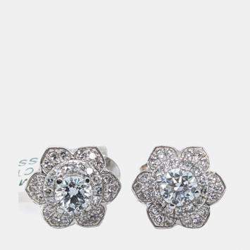 Pre Owned 14K Rose Gold/White Gold Round Cut White Flower Earring (1.0ctw)