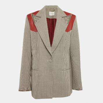 Pre Owned Magda Butrym Brown Checked Leather Trim Embroidered Arkansas Blazer M