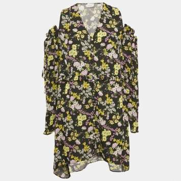 Magda Butrym Black Floral Print Silk Cold-Shoulder Short Dress S