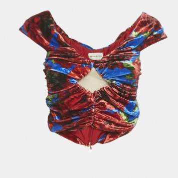 Pre Owned Magda Butrym Multicolor/Red Printed Velvet Ruched Crop Top S