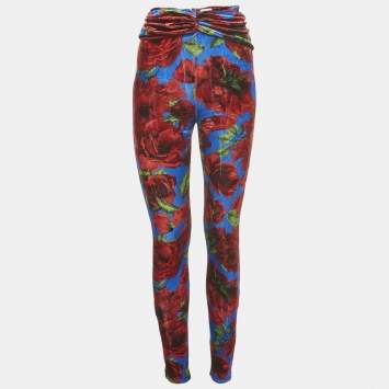 Pre Owned Magda Butrym Multicolor/Red Rose Print Velvet Drape Detail Leggings S