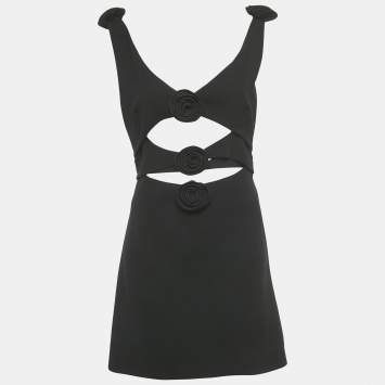 مملوكة مسبقًا Magda Butrym Black Flower Applique Wool Cut -Out Mini Dress L