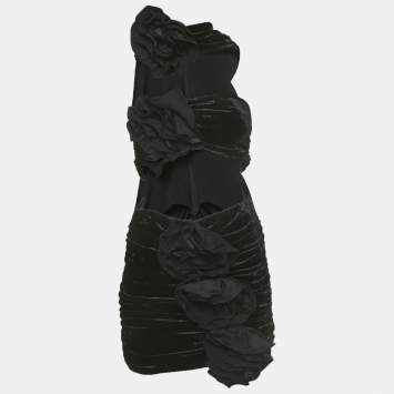 Pre Owned Magda Butrym Black Stretch Velvet Ruche Cut-Out Mini Dress S