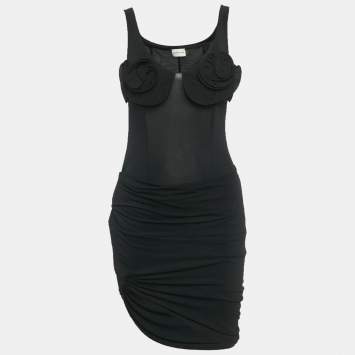 مملوكة مسبقًا Magda Butrym Black Stretch Jersey Rose Applique Mini Dress S