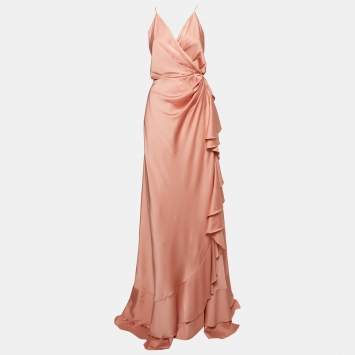 Pre Owned  Maison d'Angelann Pink Satin Ruffled Wrap Long Dress M