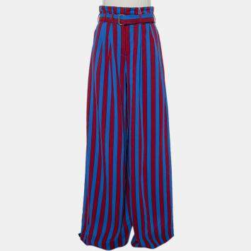 Pre Owned Maison Martin Margiela Red & Blue Striped Synthetic Belted Palazzo Pants M