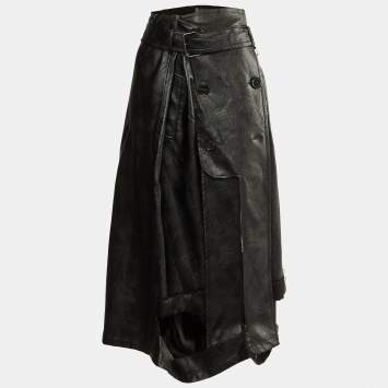Pre Owned Maison Martin Margiela Black Faux Leather & Chiffon Midi Skirt M