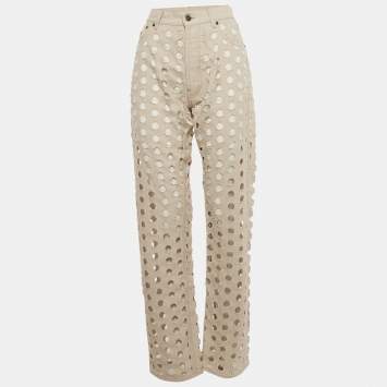 Pre Owned Maison Martin Margiela Beige Cut Out Detail Denim Jeans M Waist 28"