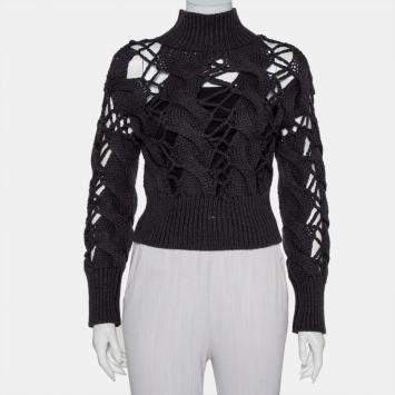 Pre Owned Maison Martin Margiela Dark Grey Open Knit Wool High Neck Cropped Sweater M