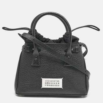 Pre Owned Maison Martin Margiela Black Leather 5AC Drawstring Top Handle Bag