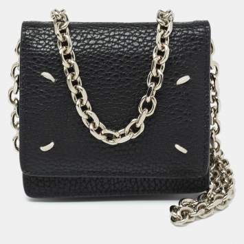 Pre Owned Maison Martin Margiela Black Leather Stitch Compact Wallet On Chain