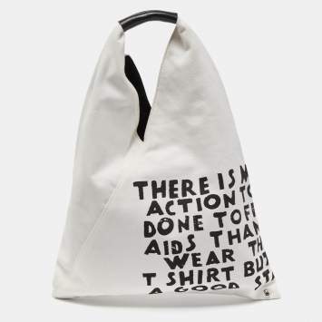 Pre Owned MM6 Maison Martin Margiela White Printed Canvas Triangle Tote
