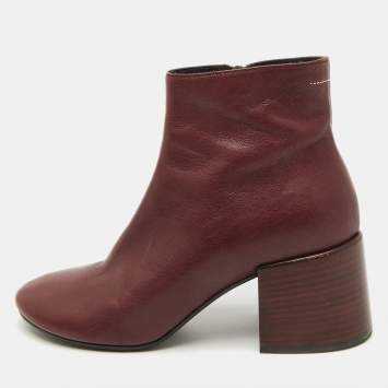 Pre Owned Maison Martin Margiela Burgundy Leather Block Heel Ankle Boots Size 39