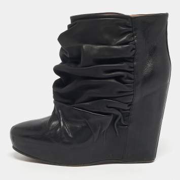 Pre Owned Maison Martin Margiela Black Leather Ruched Wedge Ankle Length Boots Size 40