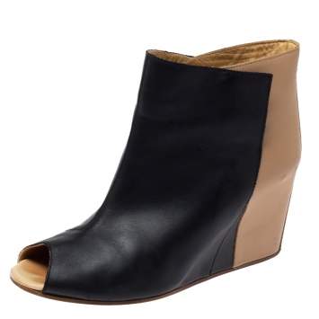 Pre Owned Maison Martin Margiela Black/Beige Leather Peep Toe Ankle Boots Size 39