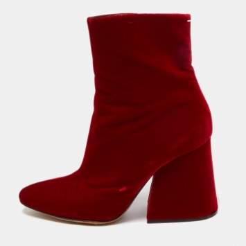 Pre Owned Maison Margiela Red Velvet Block Heel Zip Up Ankle Boots Size 41