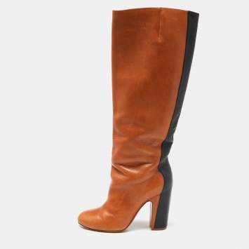 Pre Owned Maison Martin Margiela Brown/Black Leather Knee Length Block Heel Boots Size 40