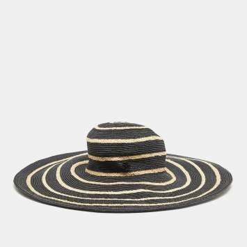 Pre Owned Maison Michel Paris Black Striped Straw Ursula Hat L