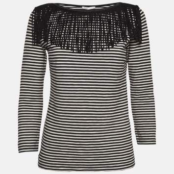Pre Owned Maje Black/White Stripe Cotton Fringed Detail T-Shirt M