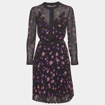 Pre Owned Maje Black Floral Print Chiffon Plisse Midi Dress S