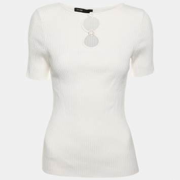 Pre Owned Maje White Cut Out Rib Knit Embellished Top M