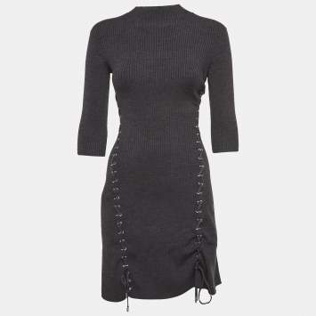 Pre Owned Maje Grey Rib Knit Laced Eyelet Detail Mini Dress S
