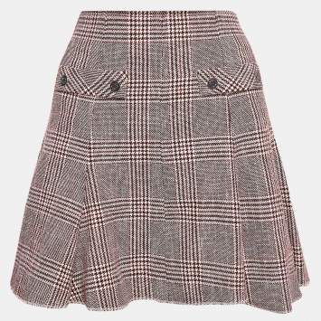 Pre Owned Maje Red Checked Cotton Blend Godets Mini Skirt L