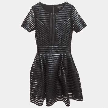 Pre Owned Maje Black Roybridge Striped Mesh Flared Mini Dress S