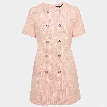 Pre Owned Maje Pink/White Tweed Button Detail Mini Dress M