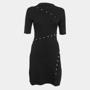 Pre Owned Maje Black Rib Knit Button Detail Flared Short Dress M