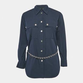 Pre Owned Maje Navy Blue Brass Belted Cotton Oversized Shirt XS