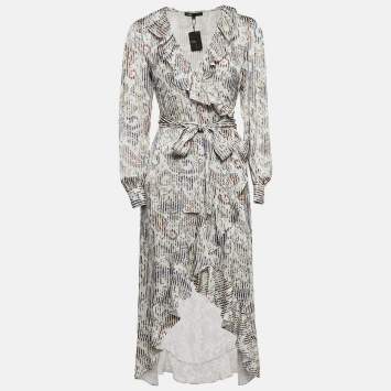 Pre Owned Maje Grey/Multicolor Paisley Print Crepe Midi Wrap Argent Dress L