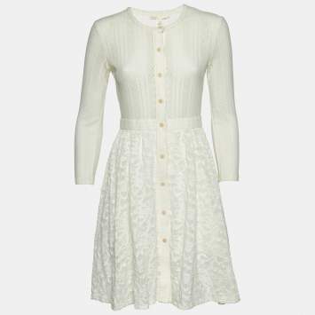 Pre Owned Maje Ecru White Patterned Knit Button Front Roxo Mini Dress S