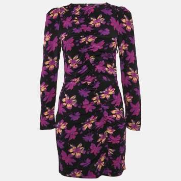 Pre Owned Maje Black Floral Ruched Long Sleeve Mini Dress S