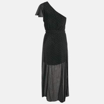 Pre Owned Maje Black Studded Chiffon One-Shoulder Midi Dress L