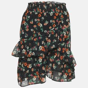 Pre Owned Maje Black Floral Print Ruffled Jupe Imprime Mini Skirt L
