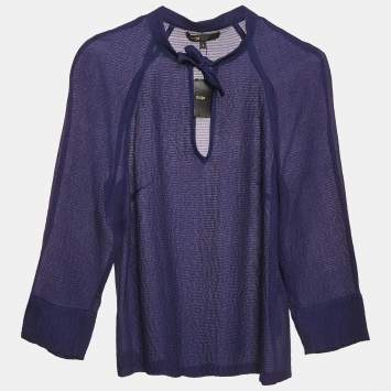 Maje Navy Blue Textured Silk Tie-Up Neck Detail Top S