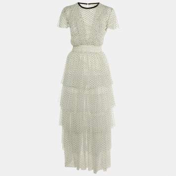 Pre Owned Maje White Polka Dot Mesh Tiered Riplume Dress S
