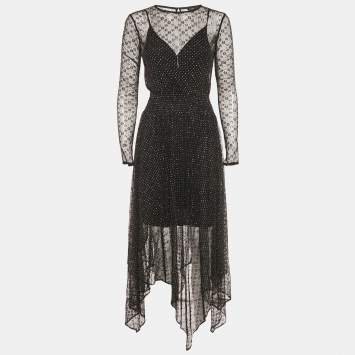 Maje Black Glitter Mesh Ruche Detail Asymmetric Midi Dress S