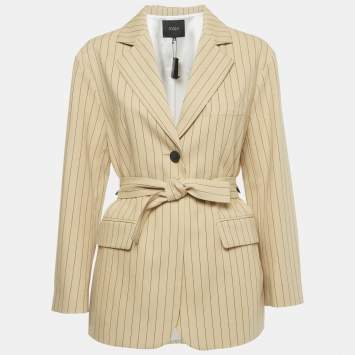 Pre Owned  Maje Beige Striped Cotton Blend  Belted Blazer S 