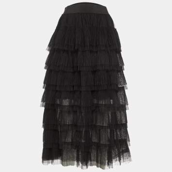 Pre Owned Maje Black Tulle Tiered Midi Skirt S