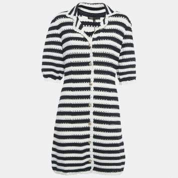Pre Owned  Maje White/Navy Blue Striped Crochet Rosette Mini Dress M