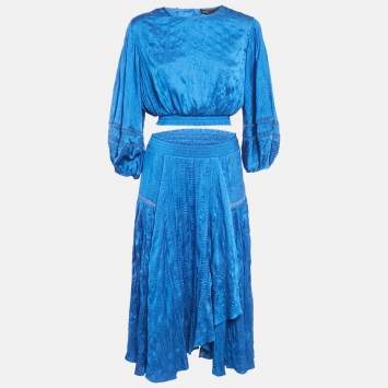 Pre Owned Maje Blue Crepe Lace Trimmed Top and Skirt Set M/S