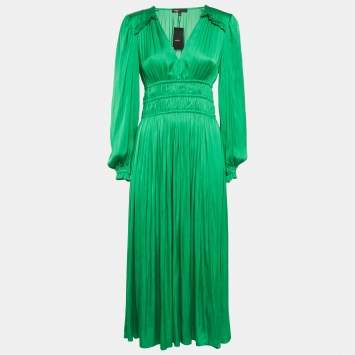 Pre Owned Maje Green Satin Ruffled Midi Dress S