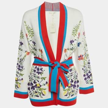 Pre Owned Maje White Floral Embroidered Stretch Knit Cardigan S