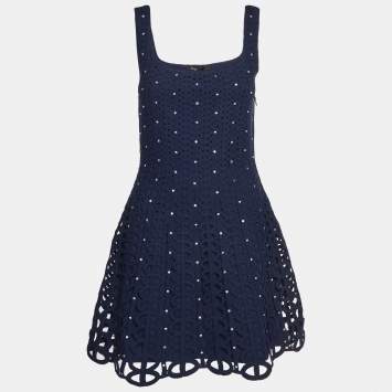 Pre Owned Maje Navy Blue Rhinestone Embellished Crochet Mini Dress M
