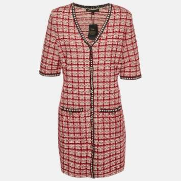 Pre Owned Maje Red/White Checked Tweed-Style Mini Retalo Dress L